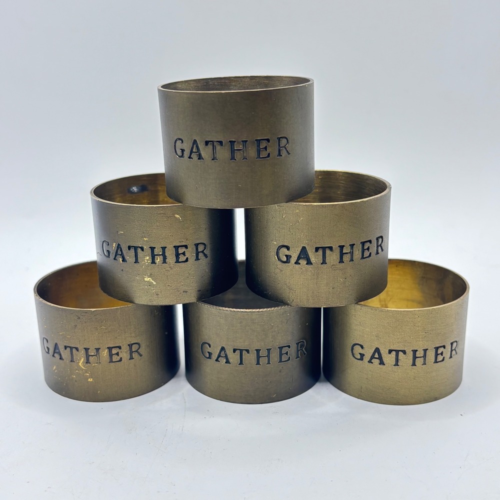 Set of 6 "Gather" Brass Napkin Rings Rustic Farmhouse Gold Metal Table Decor Vtg